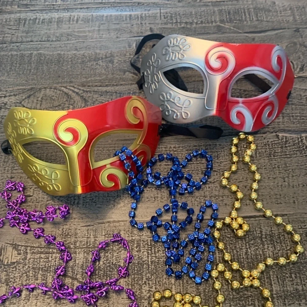 Venitian Masquerade Mardi Gras Masks, Hard Plastic Gold, Red, Silver colors, EUC
